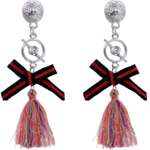 Pink Multicolor Ribbon Bow Tassel Dangle Earrings