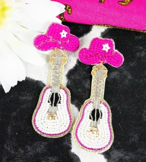 Pink Nashville Guitar beaded Earrings