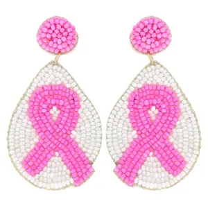 PINK RIBBON TEARDROP BEADED EARRINGS