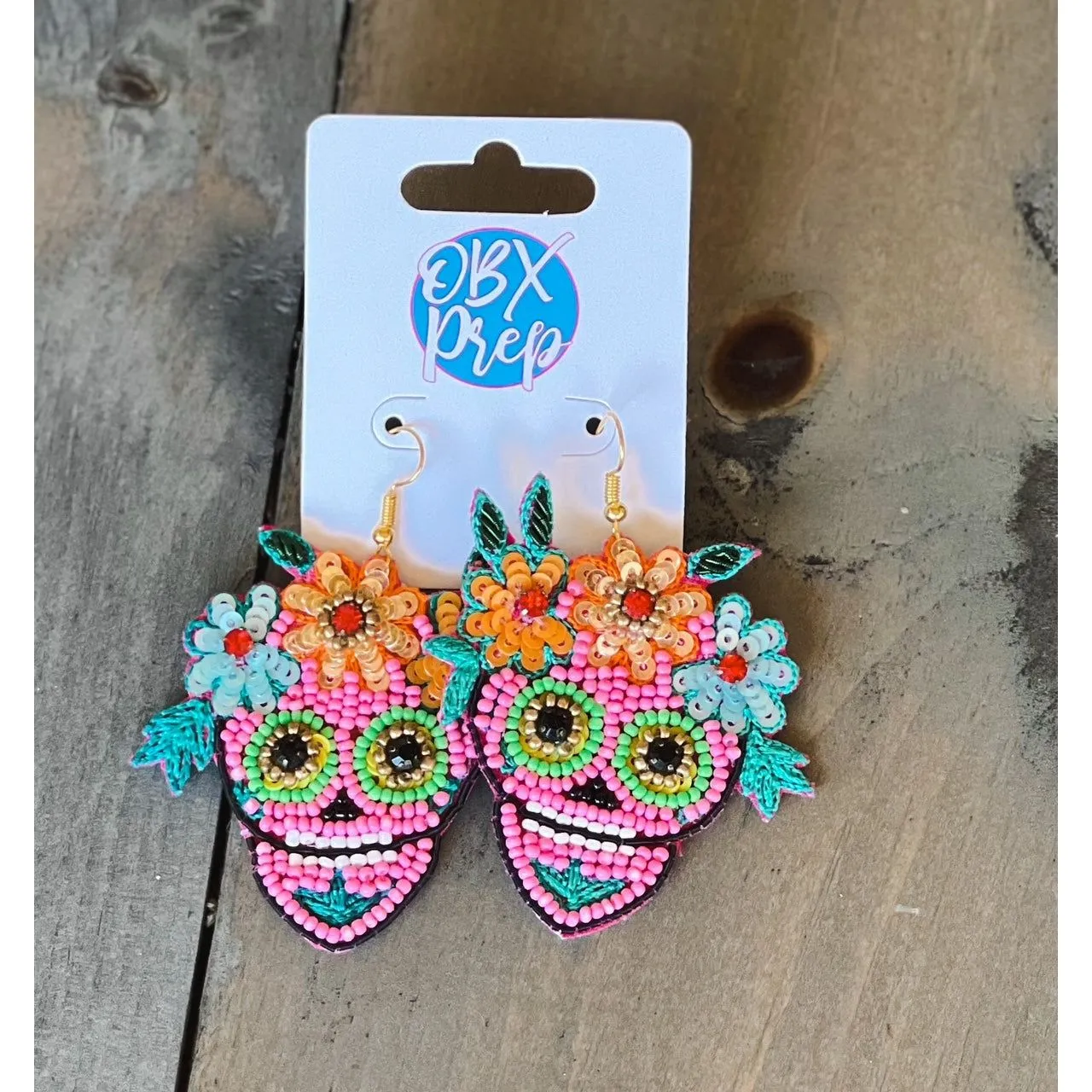 Pink Sugar Skull Halloween Seed Bead Dangle Earrings S