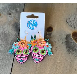 Pink Sugar Skull Halloween Seed Bead Dangle Earrings S