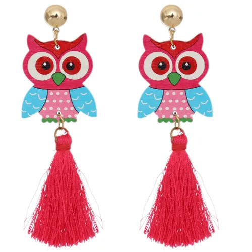 Pink Wooden Owl Tassel Earrings