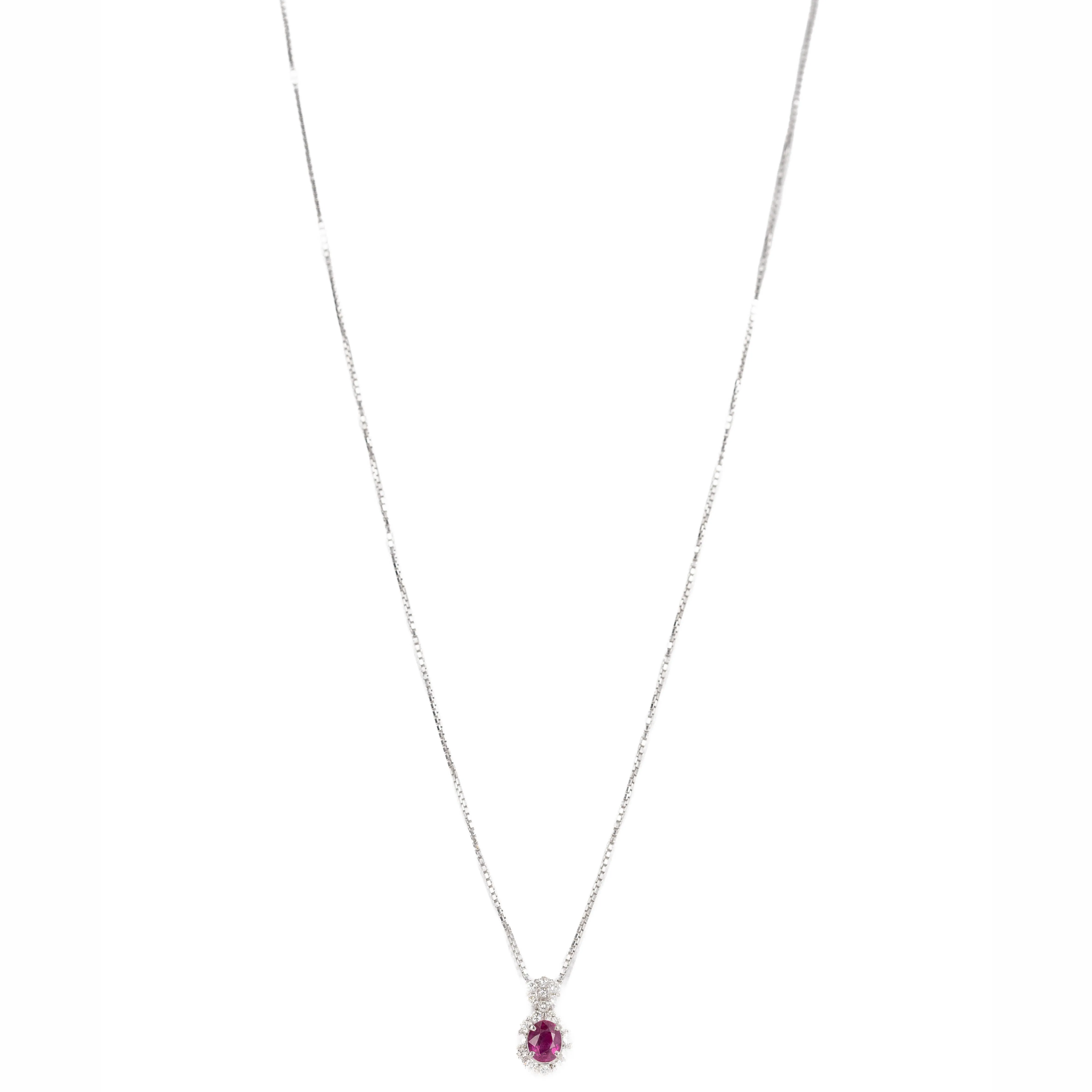 Platinum 0.94 Carat Oval Ruby Diamond Halo Pendant Necklace