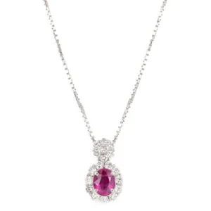 Platinum 0.94 Carat Oval Ruby Diamond Halo Pendant Necklace