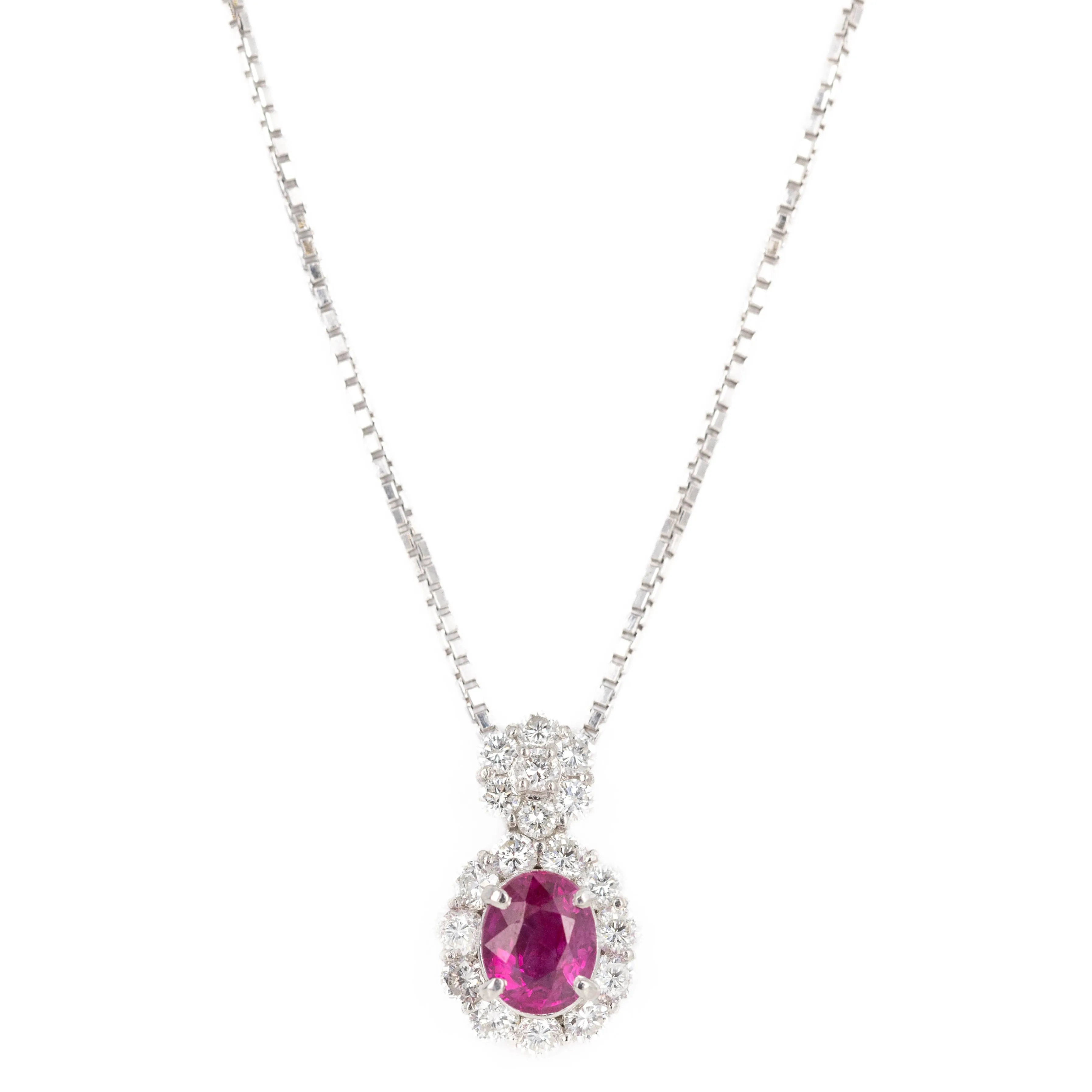Platinum 0.94 Carat Oval Ruby Diamond Halo Pendant Necklace