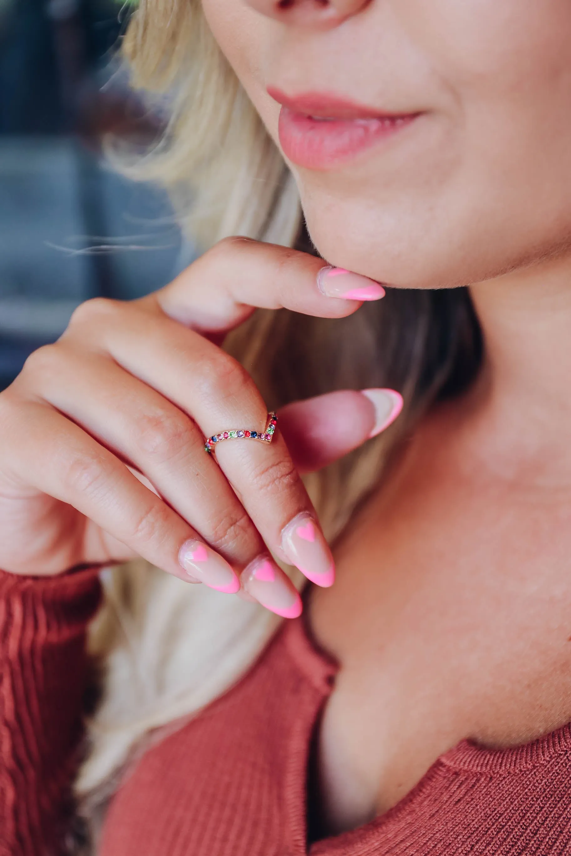 Pointed Round Stone Midi Ring - Gold & Rainbow