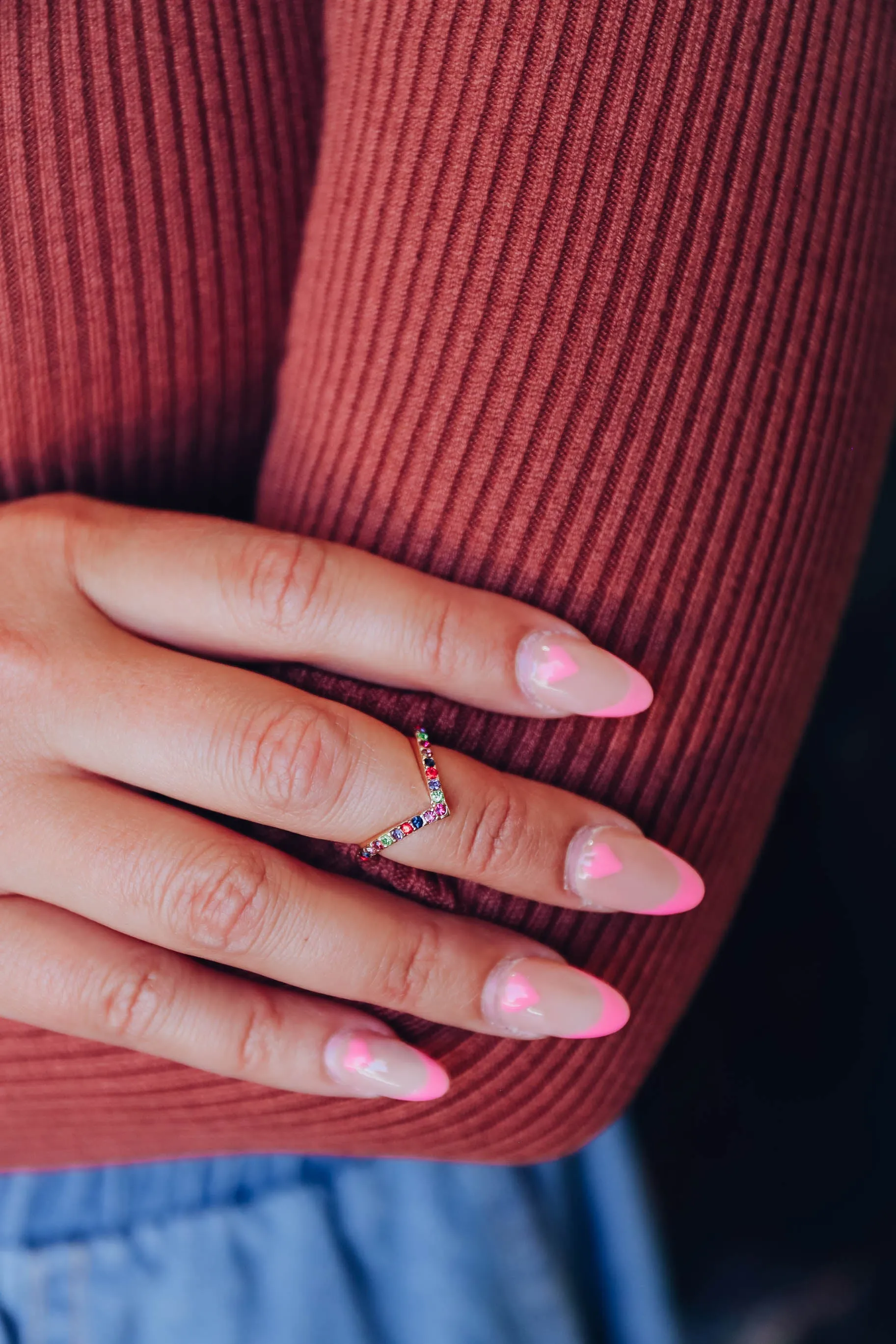 Pointed Round Stone Midi Ring - Gold & Rainbow