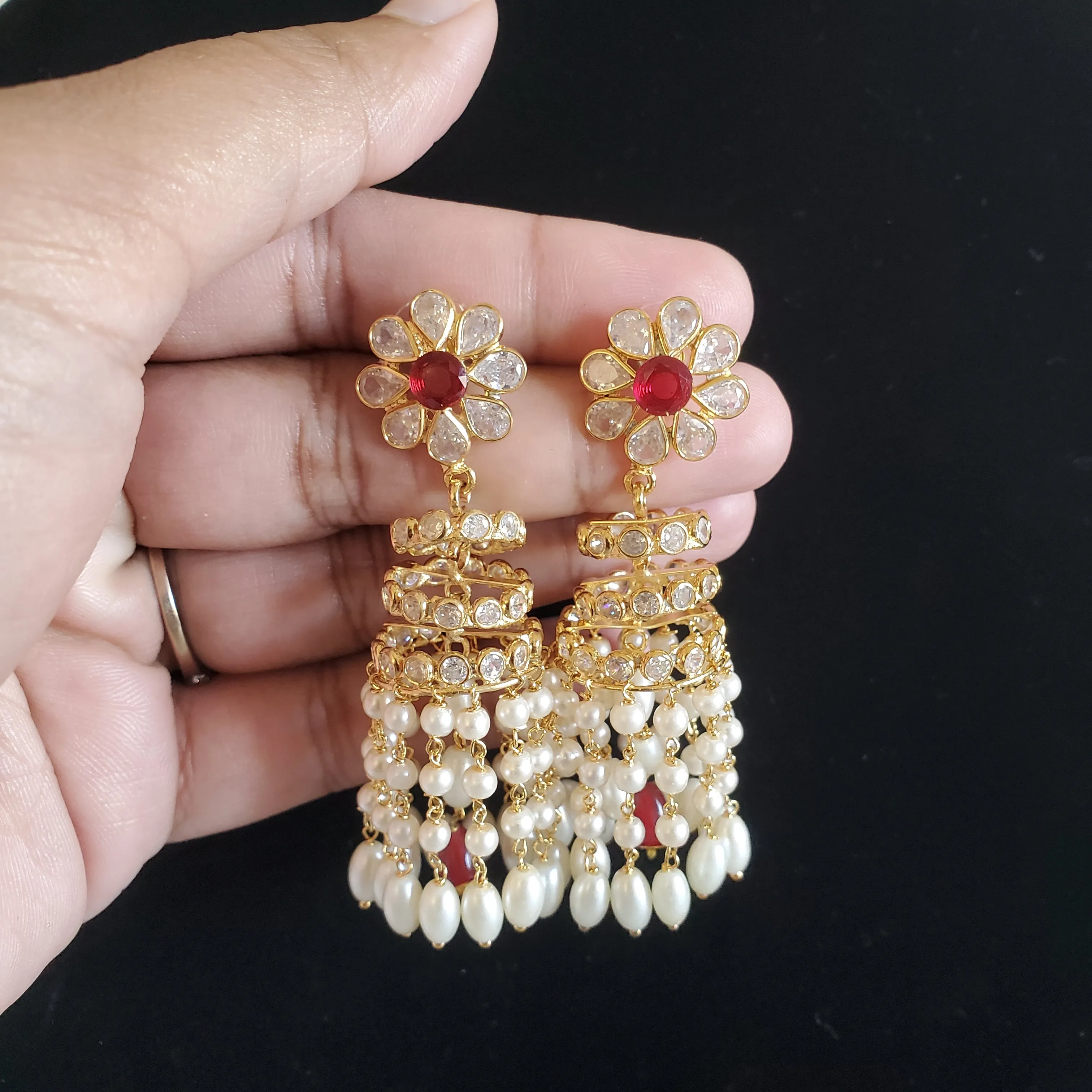 PREORDER Polki Pearl Tassel Jhumkas Red