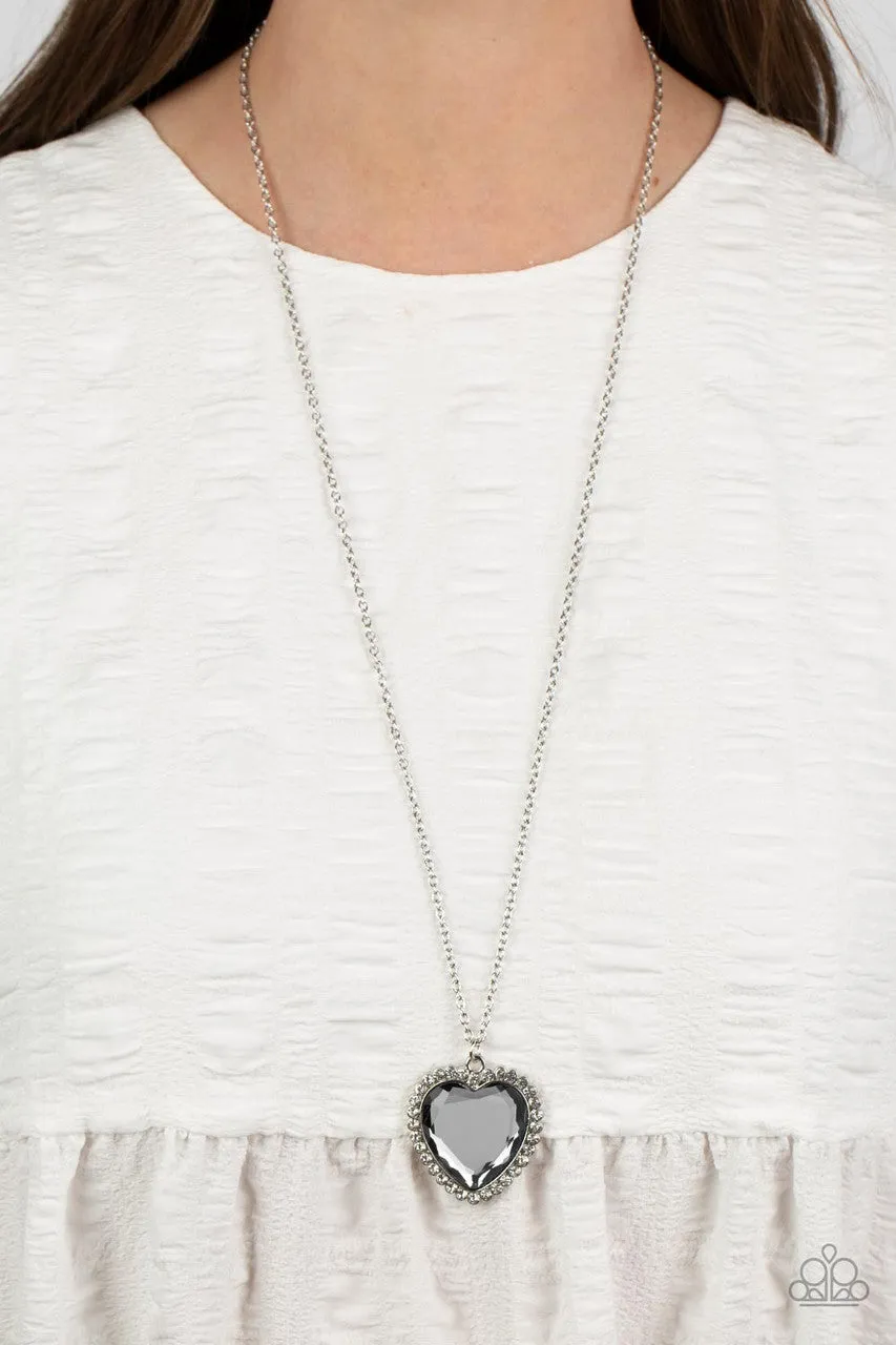 Prismatically Twitterpated - Silver - Large Heart Gem White Rhinestone Halo Paparazzi Long Necklace