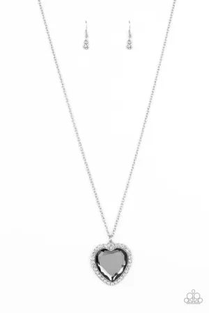 Prismatically Twitterpated - Silver - Large Heart Gem White Rhinestone Halo Paparazzi Long Necklace