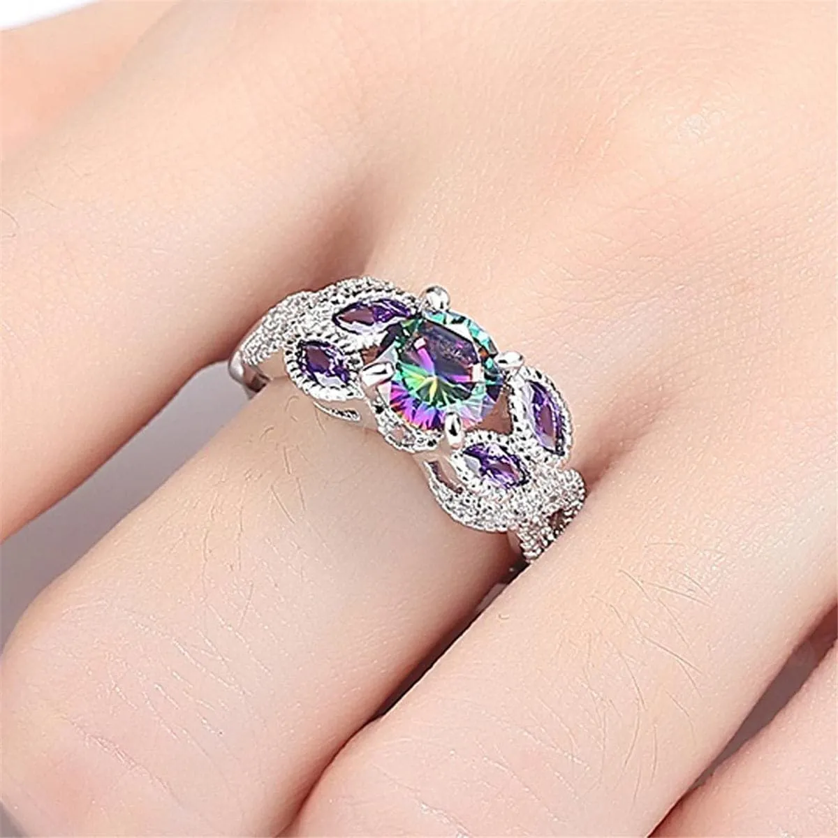 Purple & Blue Crystal Silver-Plated Flower Ring