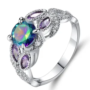 Purple & Blue Crystal Silver-Plated Flower Ring