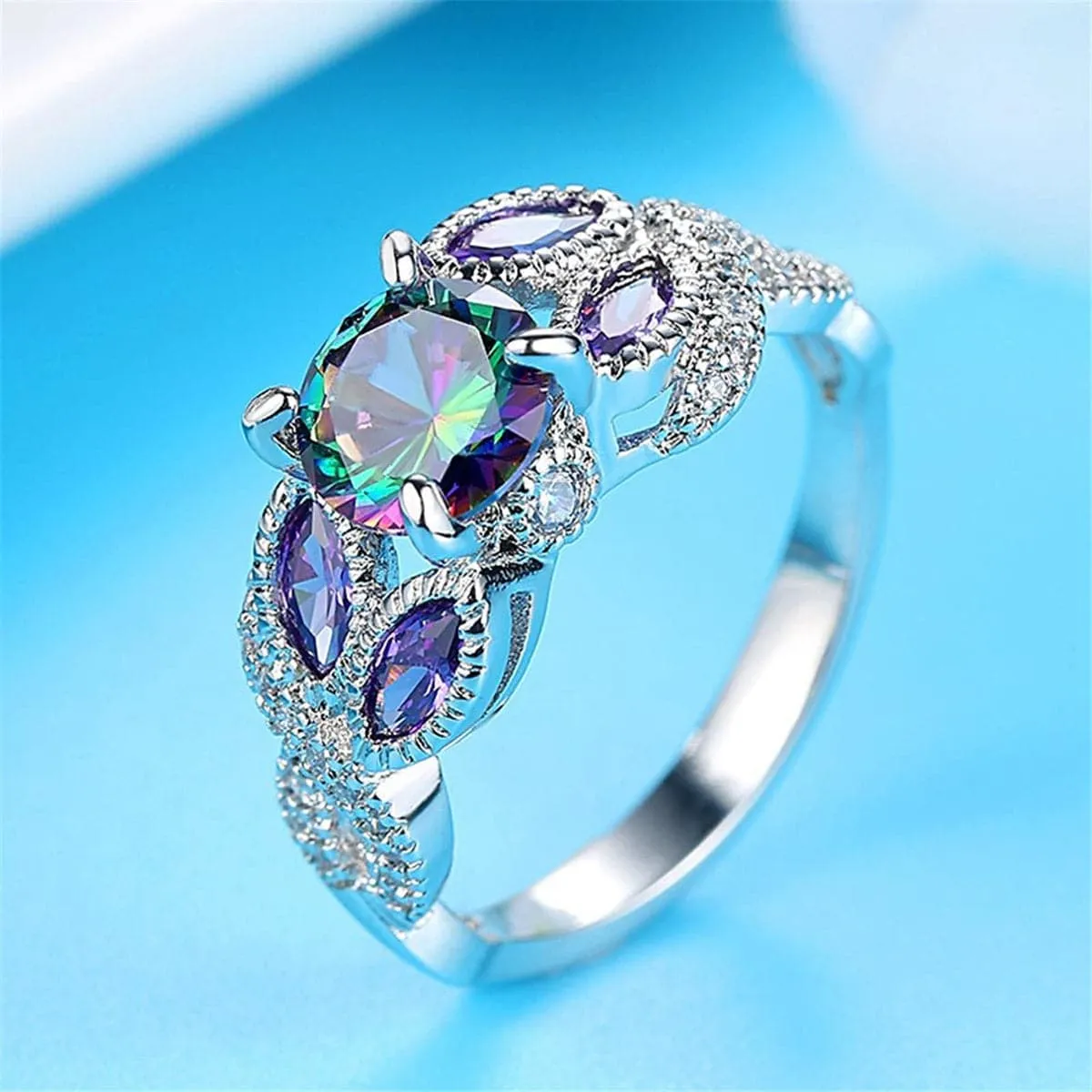 Purple & Blue Crystal Silver-Plated Flower Ring