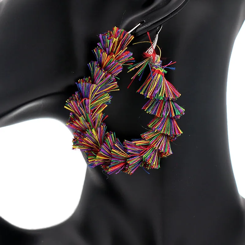 Purple Multicolor Wrapped Tassel Teardrop Hoop Earrings
