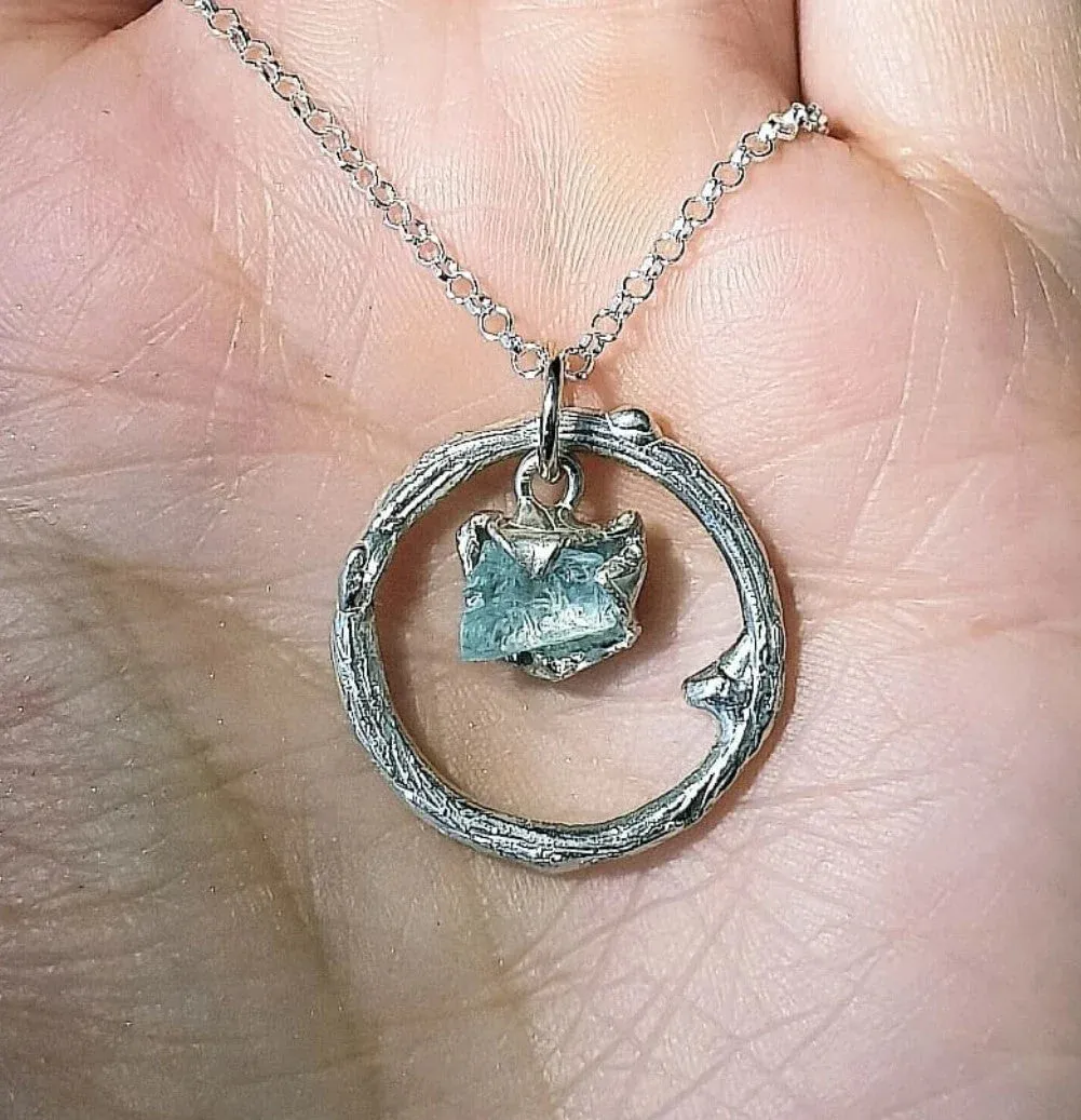 Raw Aquamarine Halo Pendant