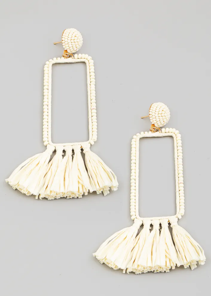 Rectangle Cutout Raffia Tassel Drop Earrings