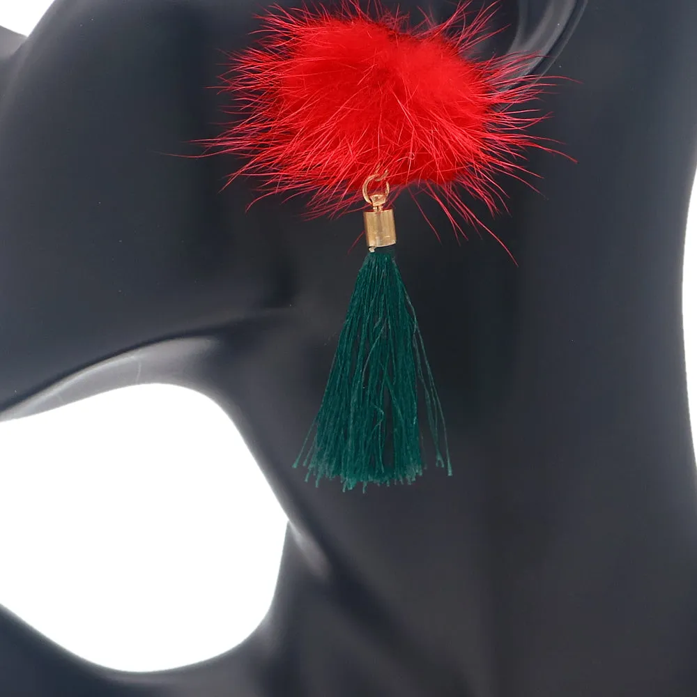Red Green Fluffy Pom Pom Tassel Earrings