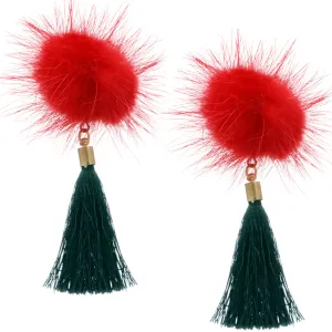 Red Green Fluffy Pom Pom Tassel Earrings