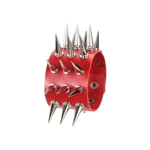 Red Leather Bracelet w/ Three Rows of Long Silver Spikes
