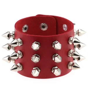 Red Leather Bracelet w/ Three Rows of Squared Silver Tree Spikes