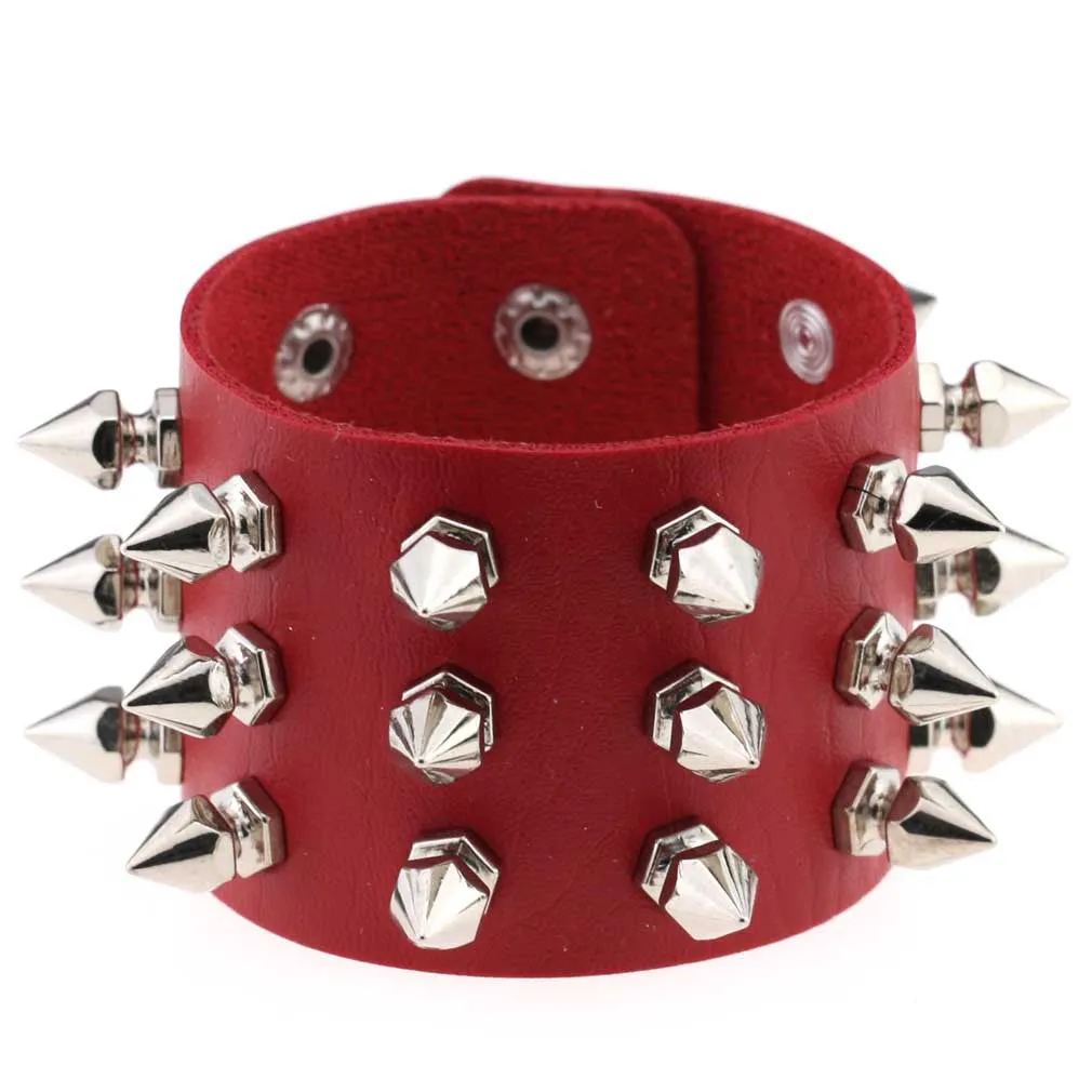 Red Leather Bracelet w/ Three Rows of Squared Silver Tree Spikes