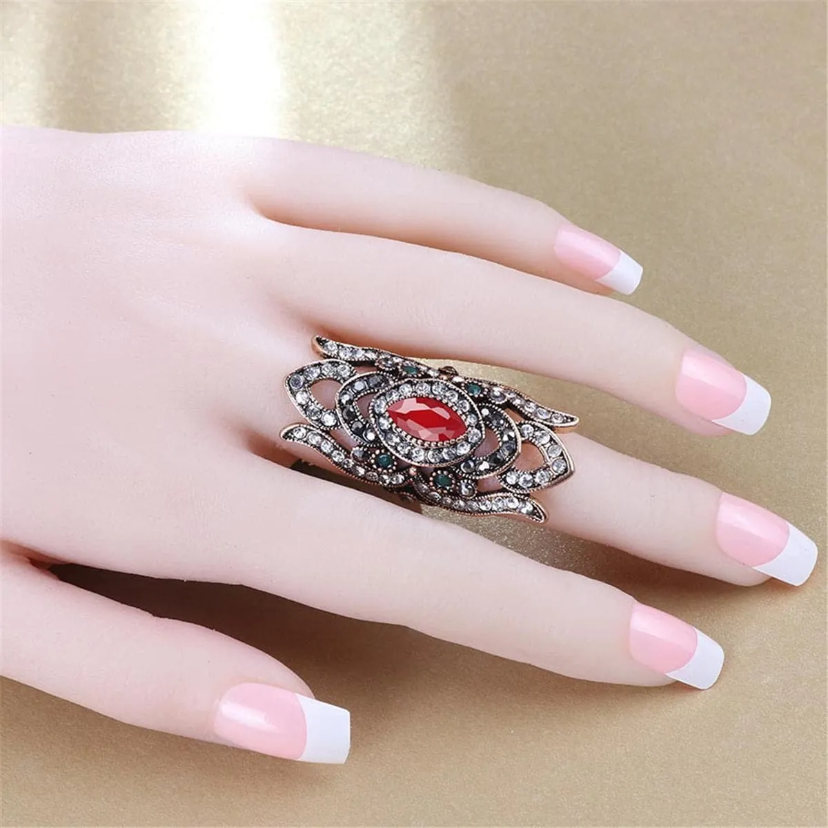 Red Resin & Cubic Zirconia 18K Gold-Plated Crown Band Ring