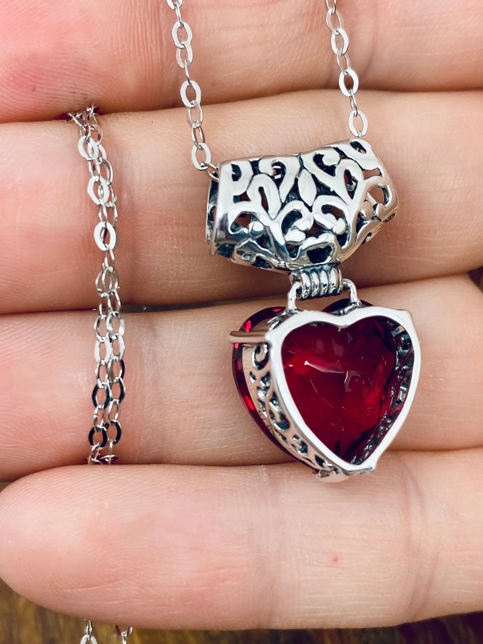 Red Ruby Pendant, Heart Gem, Art Nouveau Necklace #P38