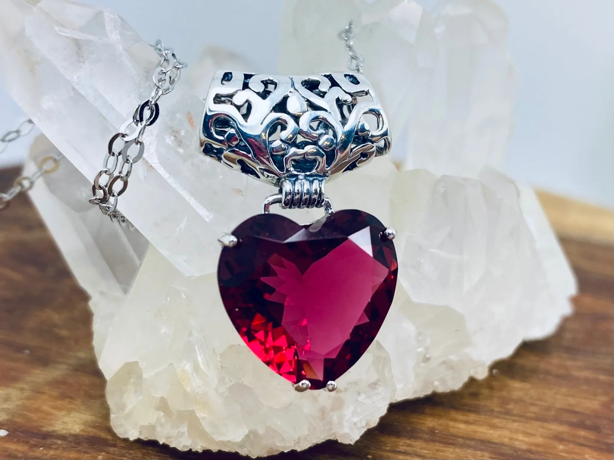 Red Ruby Pendant, Heart Gem, Art Nouveau Necklace #P38