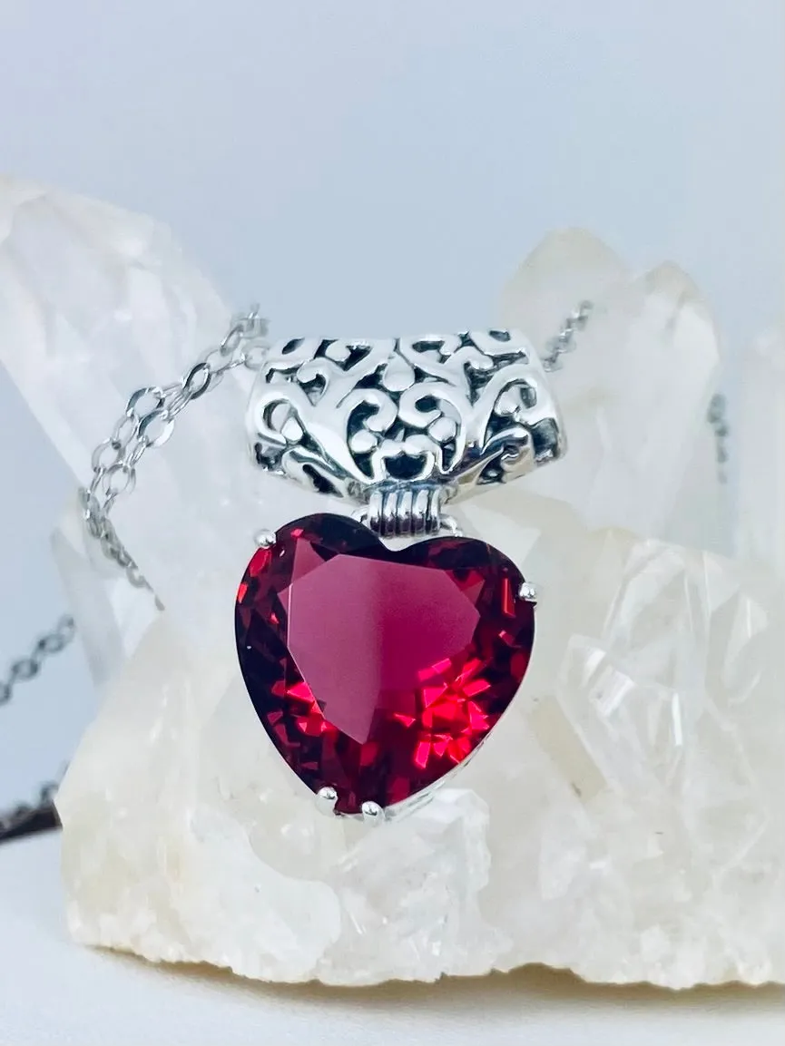 Red Ruby Pendant, Heart Gem, Art Nouveau Necklace #P38