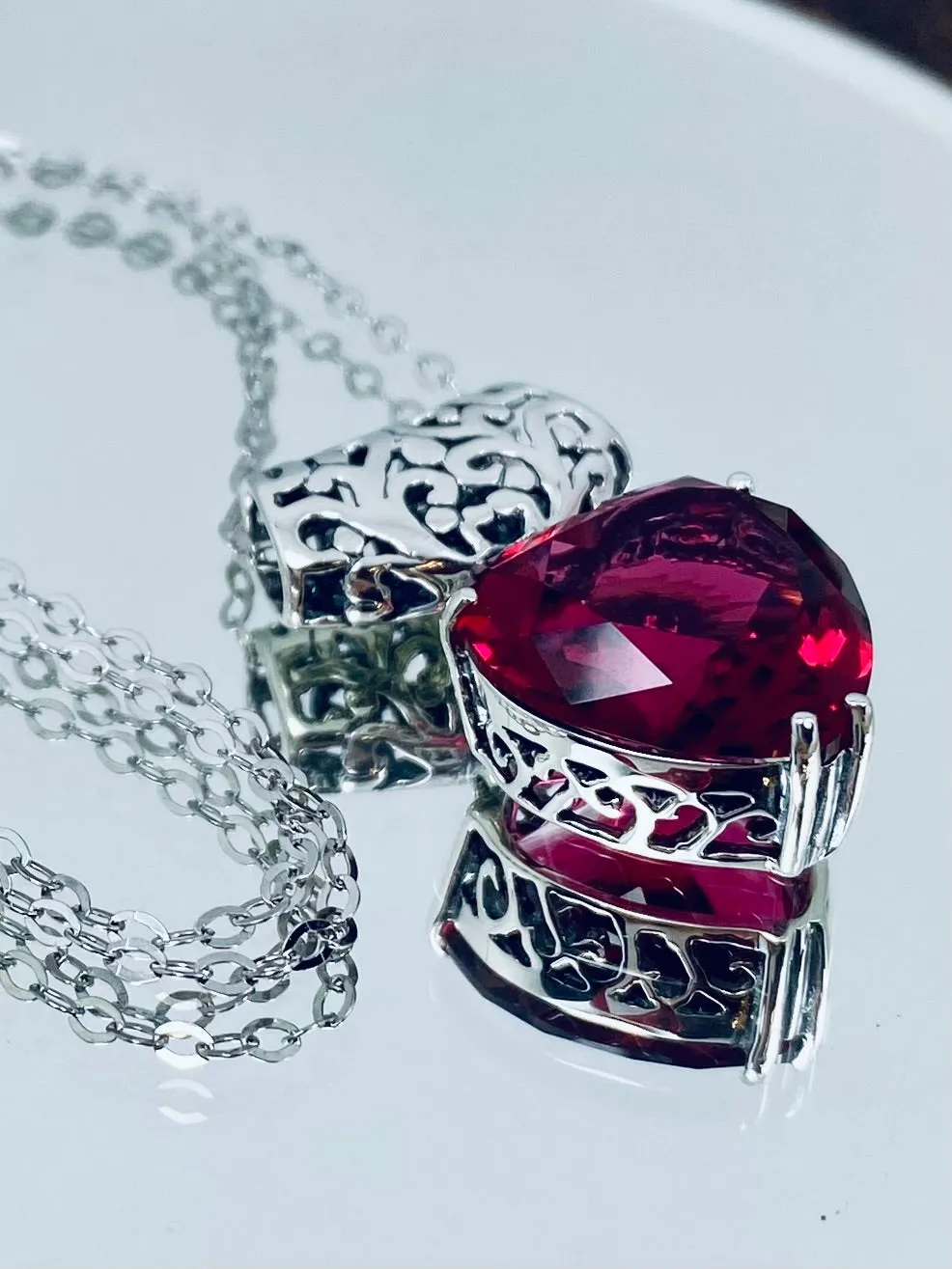 Red Ruby Pendant, Heart Gem, Art Nouveau Necklace #P38