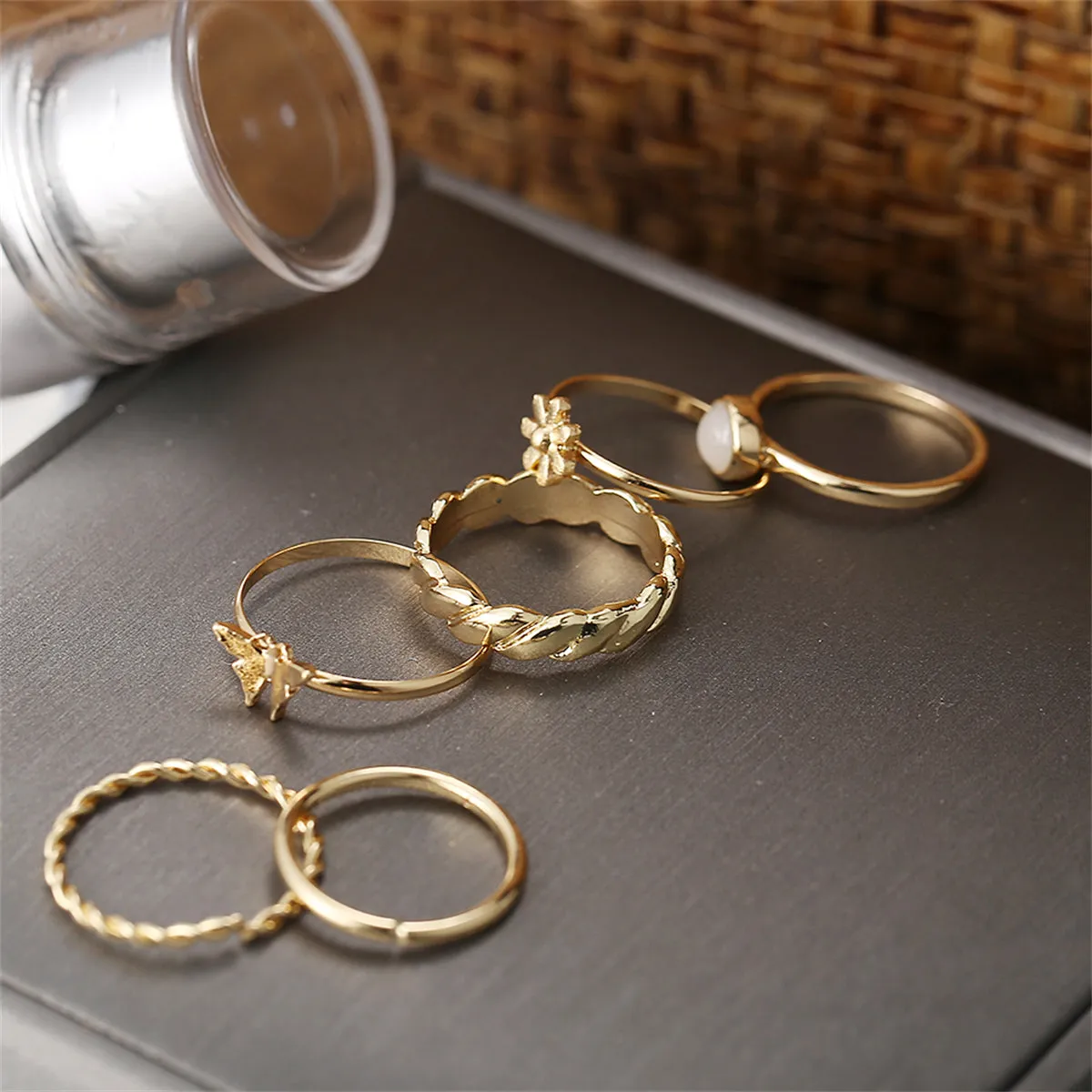 Resin & 18K Gold-Plated Butterfly Floral Ring Set