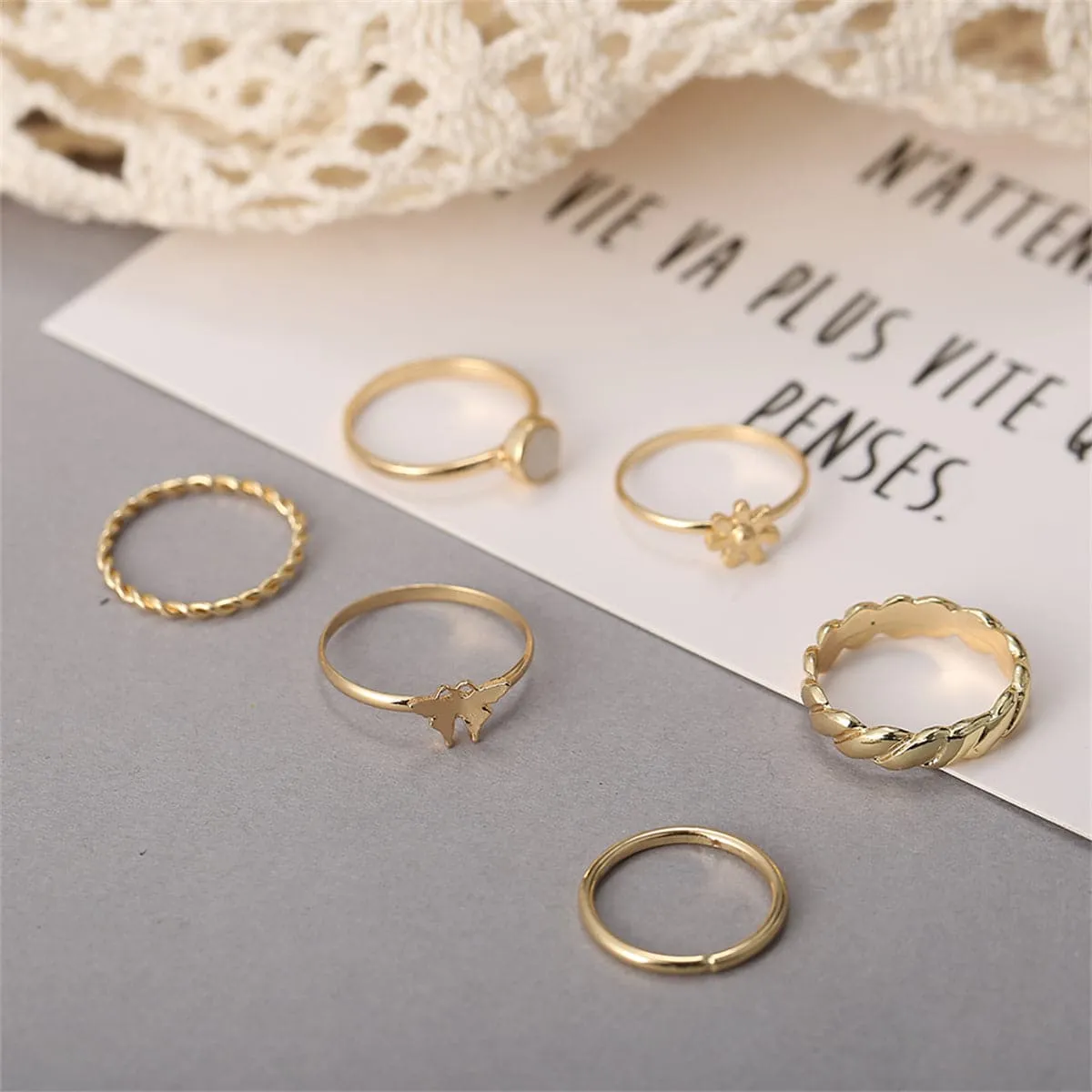 Resin & 18K Gold-Plated Butterfly Floral Ring Set