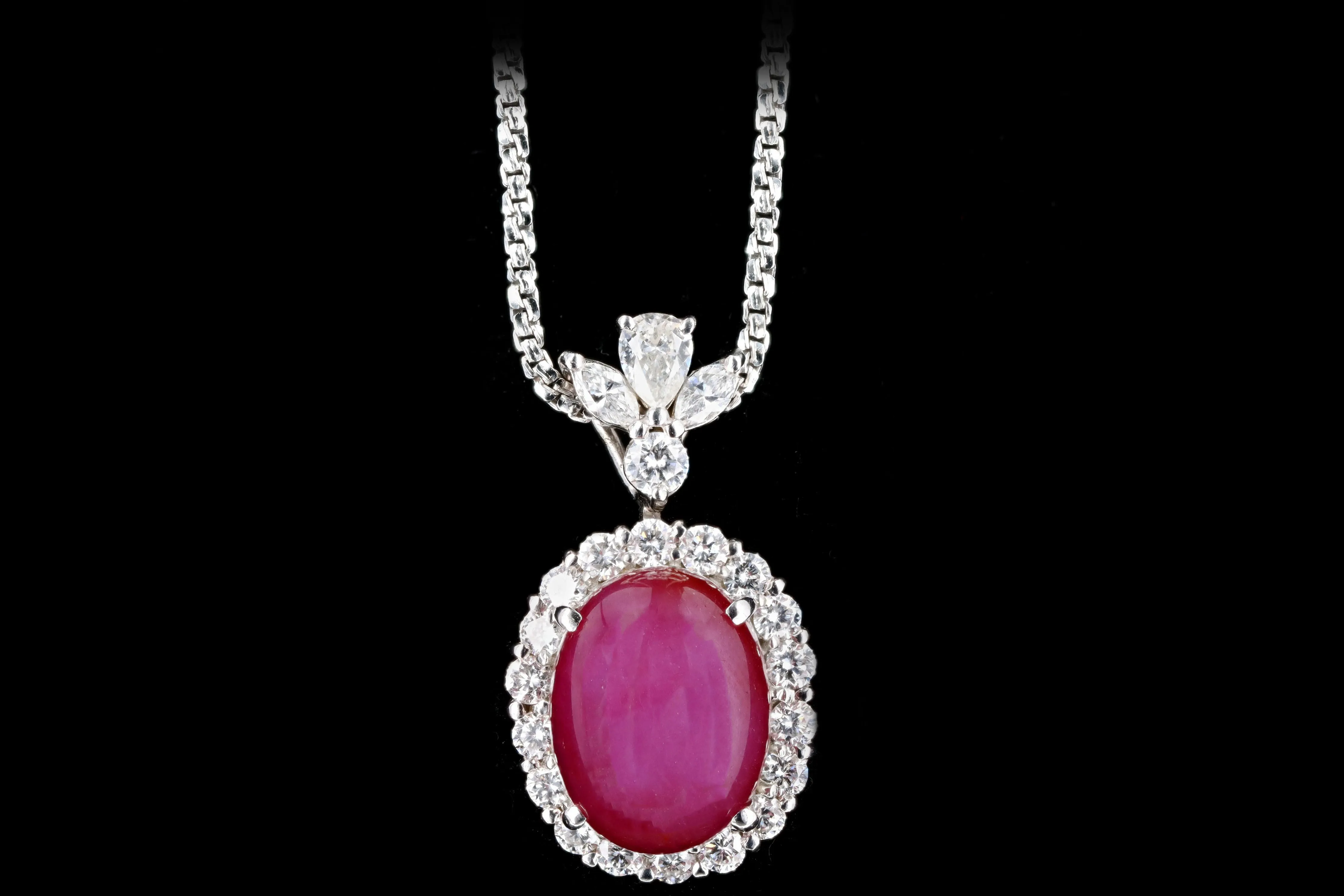 Retro 18K White Gold 8.79 Carat Oval Cabochon Cut Natural Star Ruby & Diamond Halo Pendant Necklace