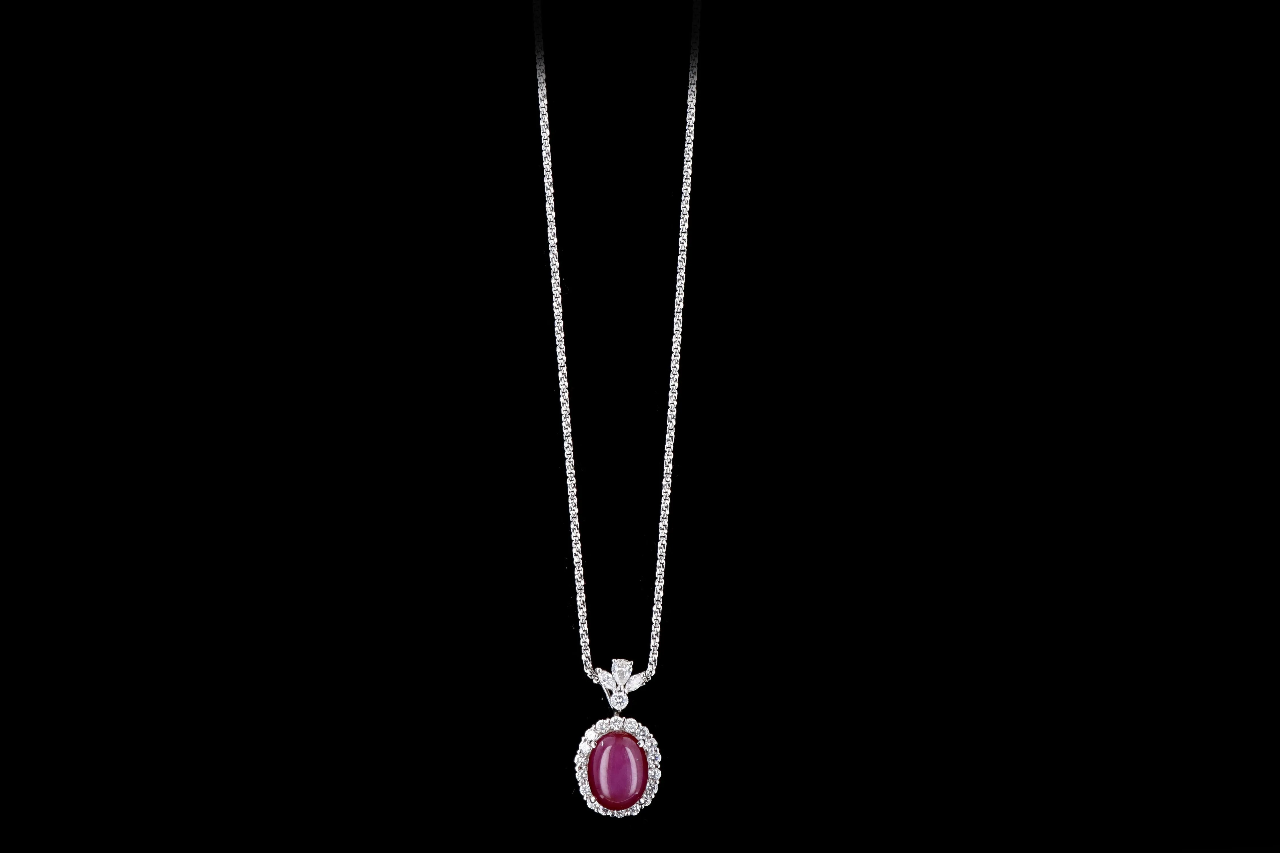 Retro 18K White Gold 8.79 Carat Oval Cabochon Cut Natural Star Ruby & Diamond Halo Pendant Necklace