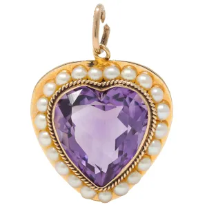 Retro Amethyst Pearl 14 Karat Yellow Gold Vintage Heart Pendant