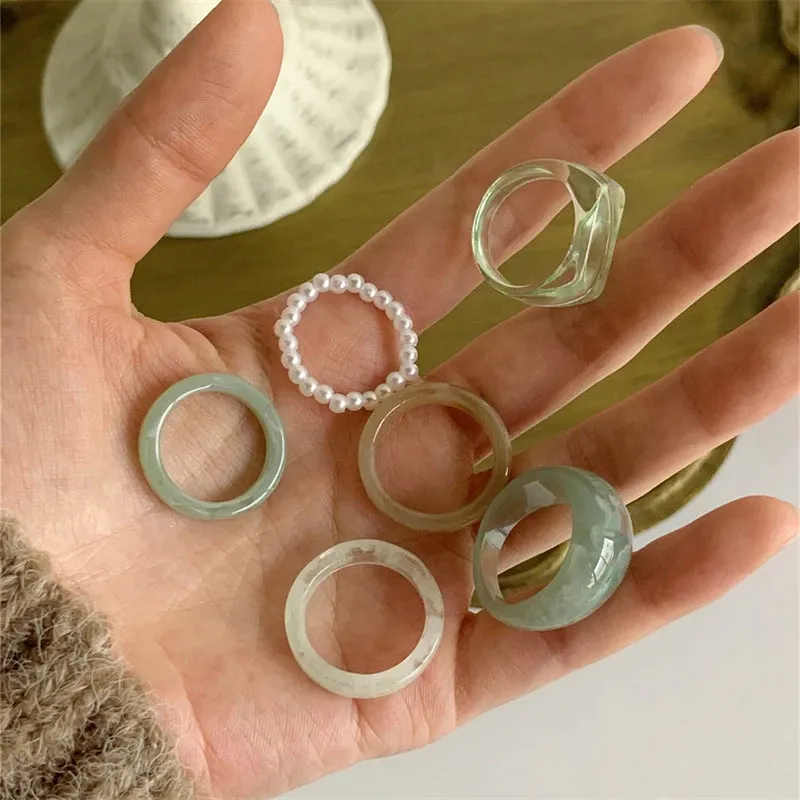 Retro Green Resin Ring Set (6pcs)