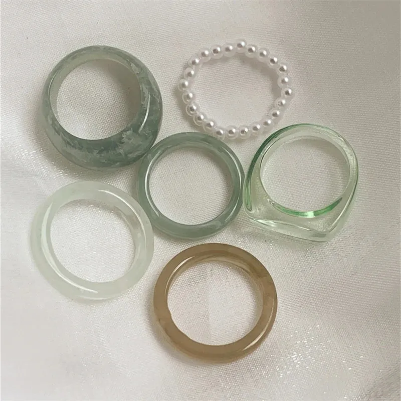 Retro Green Resin Ring Set (6pcs)