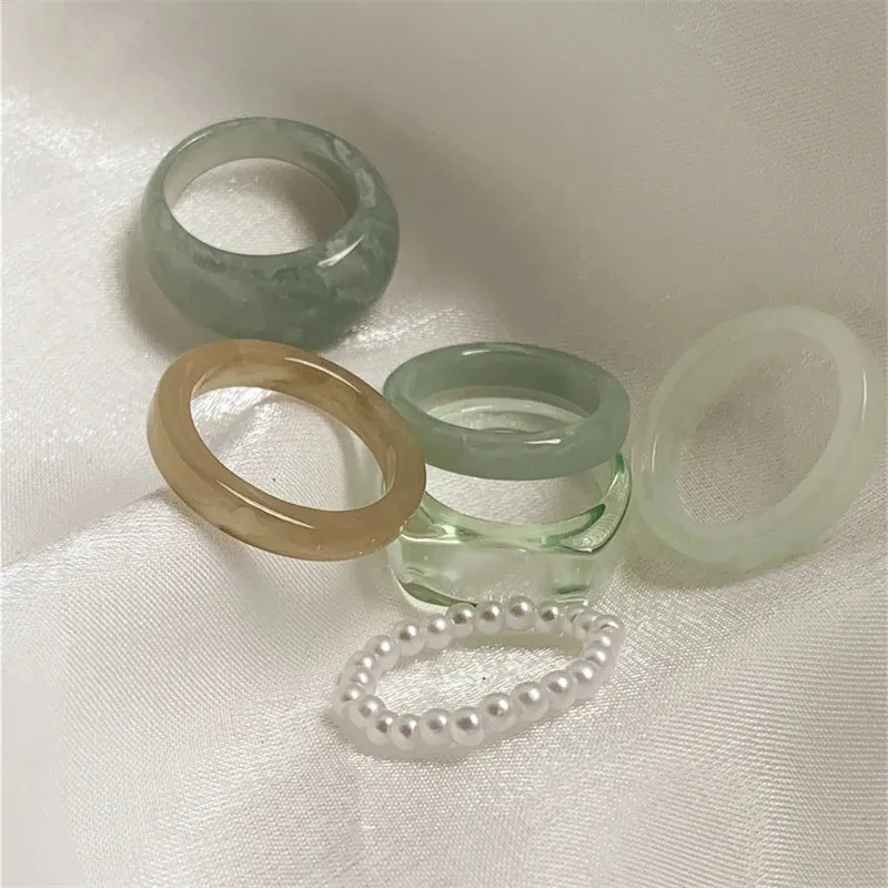 Retro Green Resin Ring Set (6pcs)