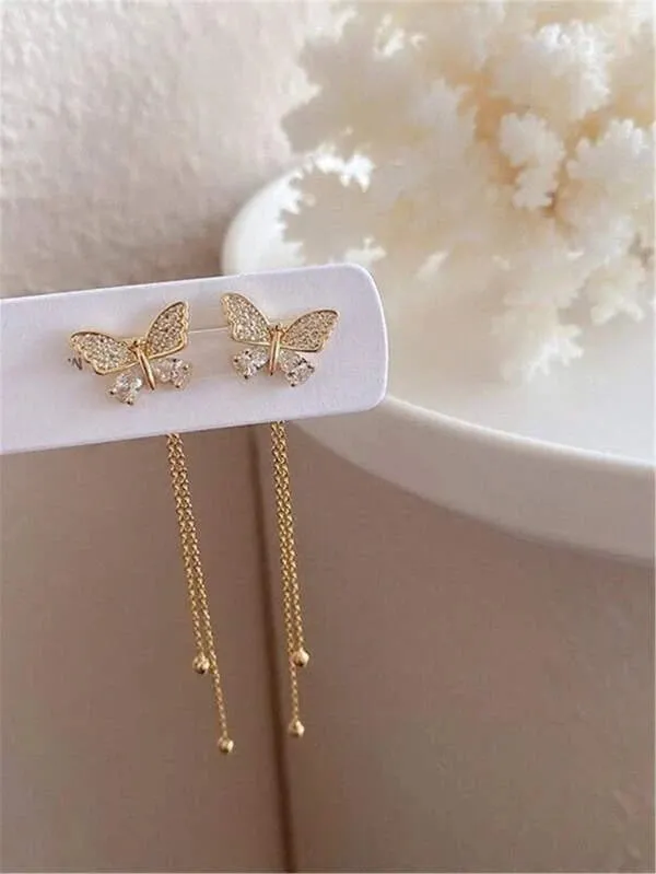 Rhinestone Butterfly Tassel Earrings