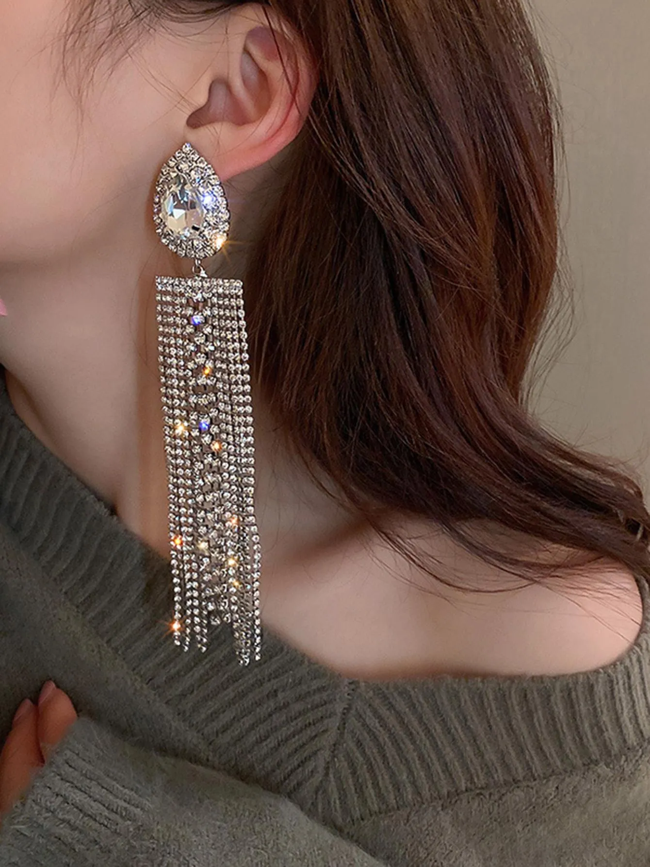 Rhinestone Tassel Drop Earrings - Silver
