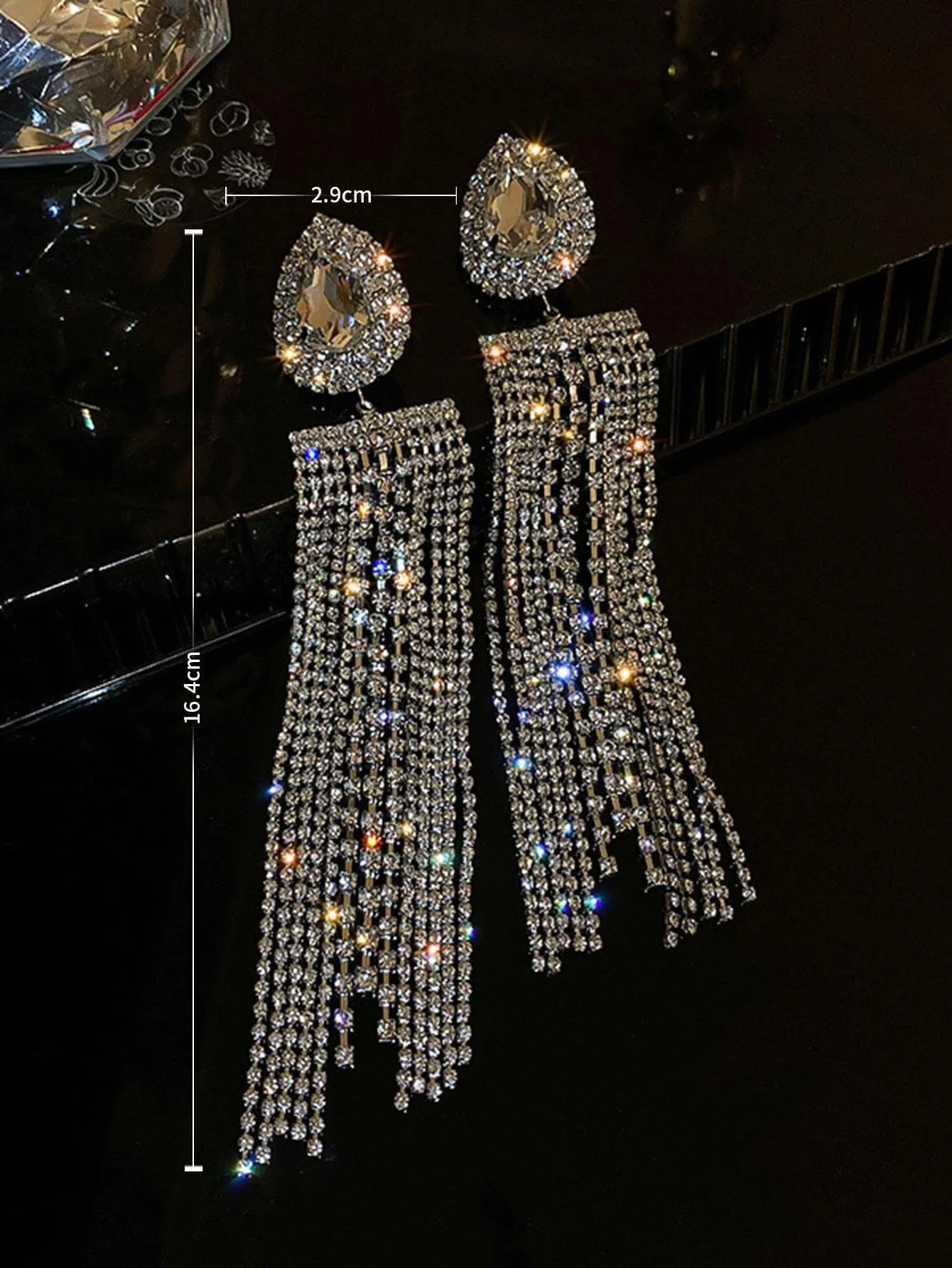 Rhinestone Tassel Drop Earrings - Silver