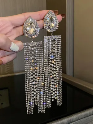 Rhinestone Tassel Drop Earrings - Silver