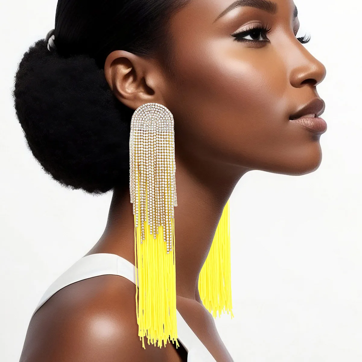 Rhinestone Tassel Earrings: Long Yellow Dangle Fashion Jewelry