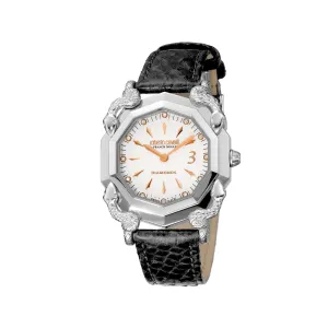 Roberto Cavalli Ladies Watch White Dial With Leather Strap & Silver Color Case