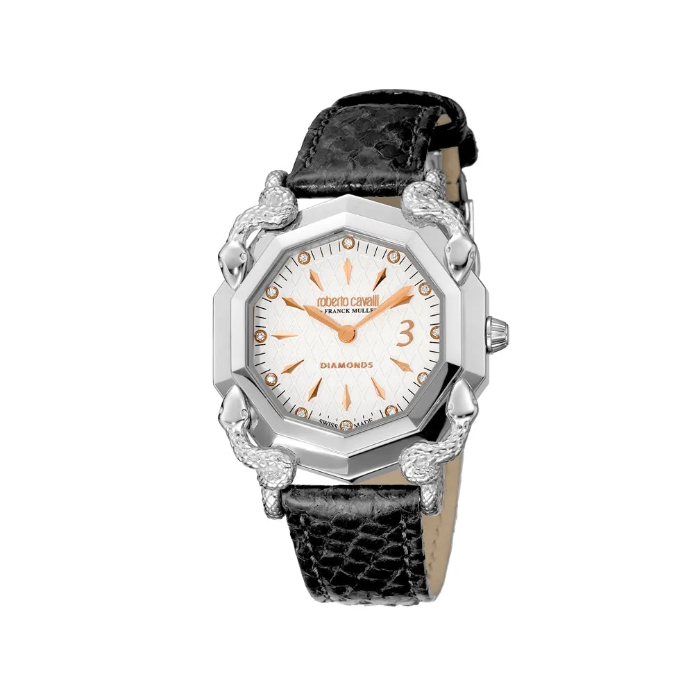 Roberto Cavalli Ladies Watch White Dial With Leather Strap & Silver Color Case