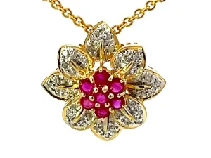 Ruby and Diamond Flower Necklace Solid 18k Yellow Gold