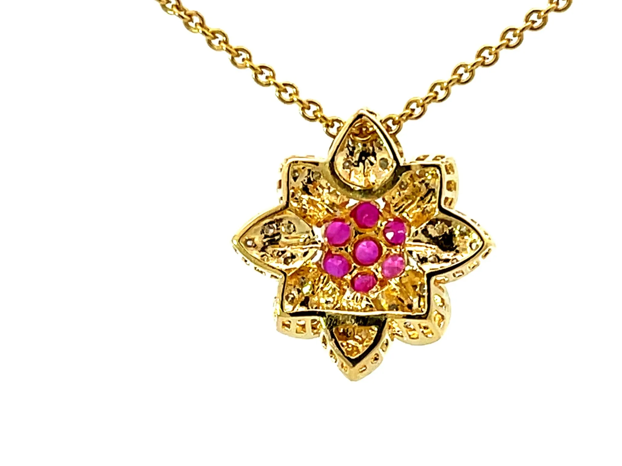 Ruby and Diamond Flower Necklace Solid 18k Yellow Gold