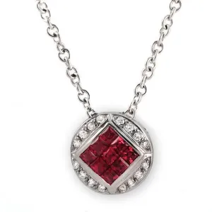 Ruby And Pave Diamond in Round Pendant Necklace, 18k White Gold