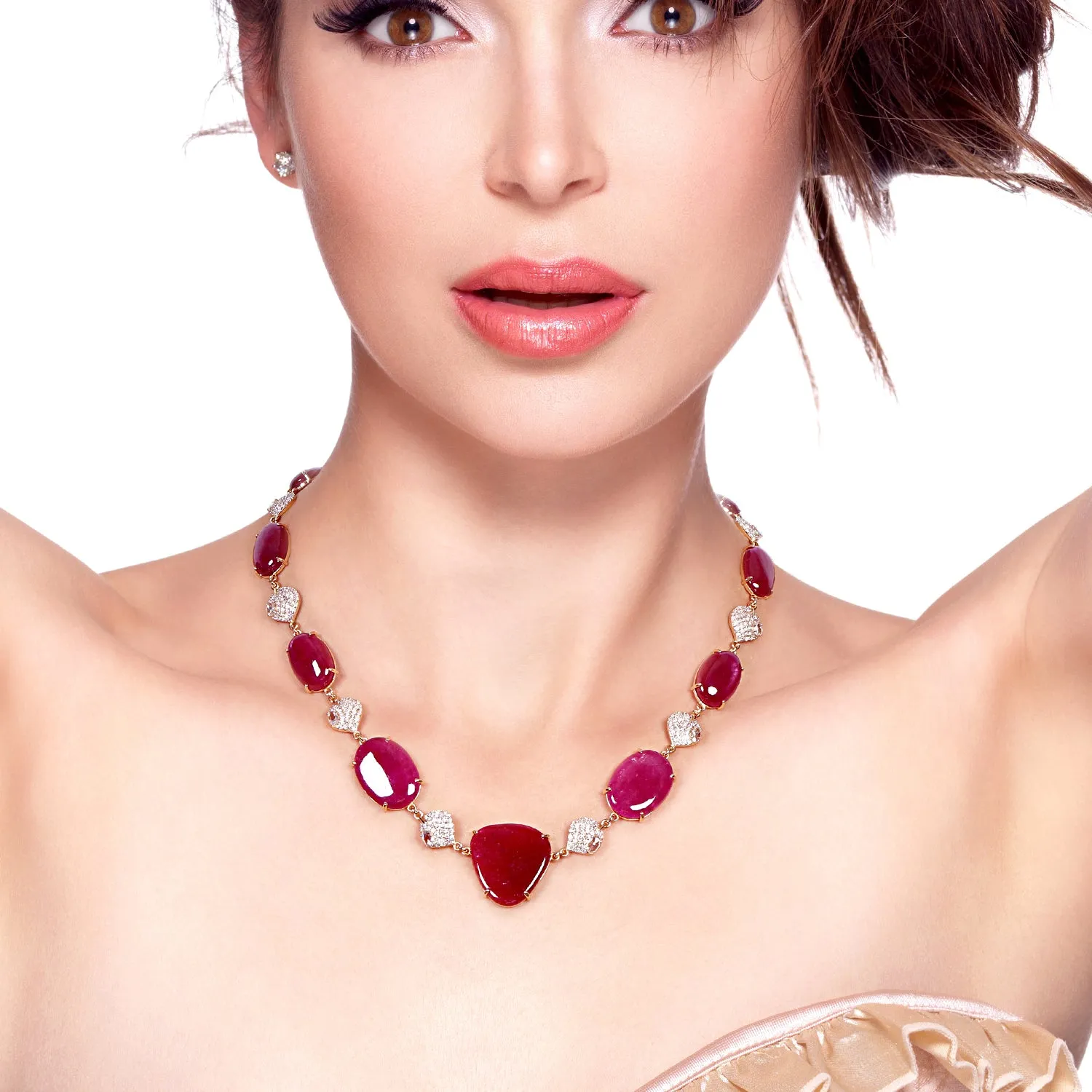 Ruby Pave Diamond In Yellow Gold Handmade Choker Necklace Wedding Jewelry