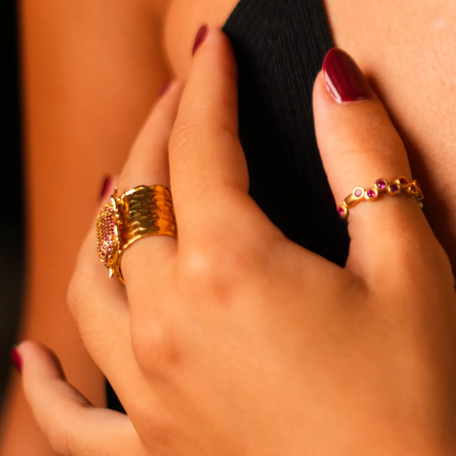 Ruby Stone &  Gold Zig Zag Stackable Adjustable Ring